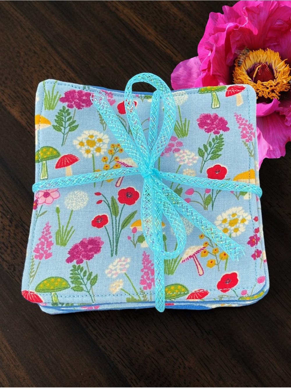 Mushroom Floral Cotton Coasters Set - Blue